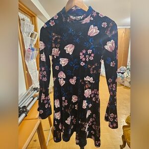 As U Wish Black and Pink Floral Long Sleeve Dress